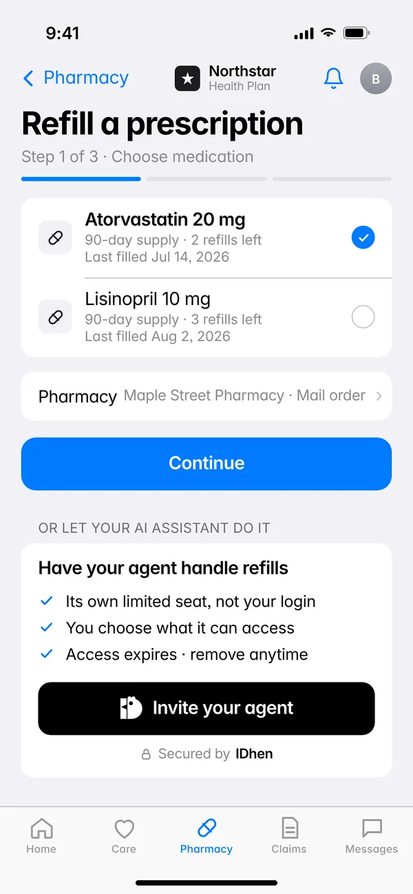 The “Invite your agent” button on a prescription refill screen