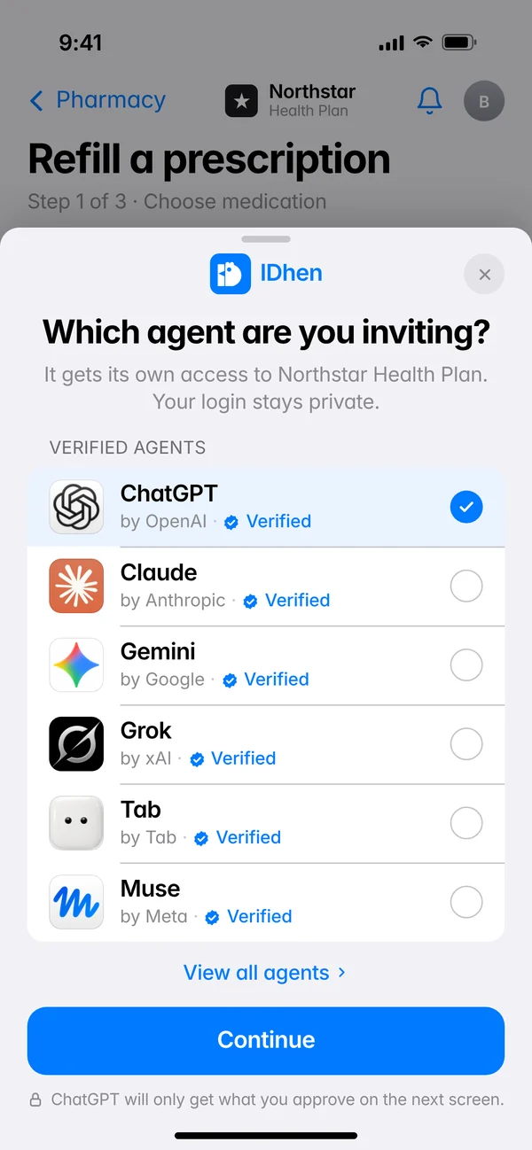 An app&rsquo;s agent picker listing verified agents a person can invite