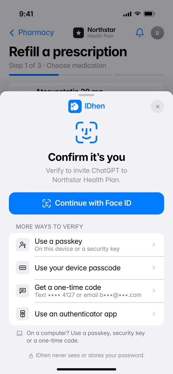 A sheet asking you to confirm it’s you with Face ID, a passkey, your device passcode, a one-time code or an authenticator app